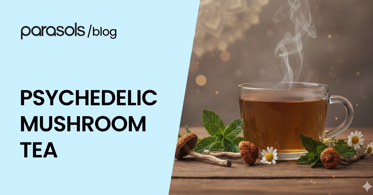 A warm cup of psychedelic mushroom tea made from psilocybin mushrooms, displayed in a calming wellness setting that represents mindfulness, introspection, and natural remedies.